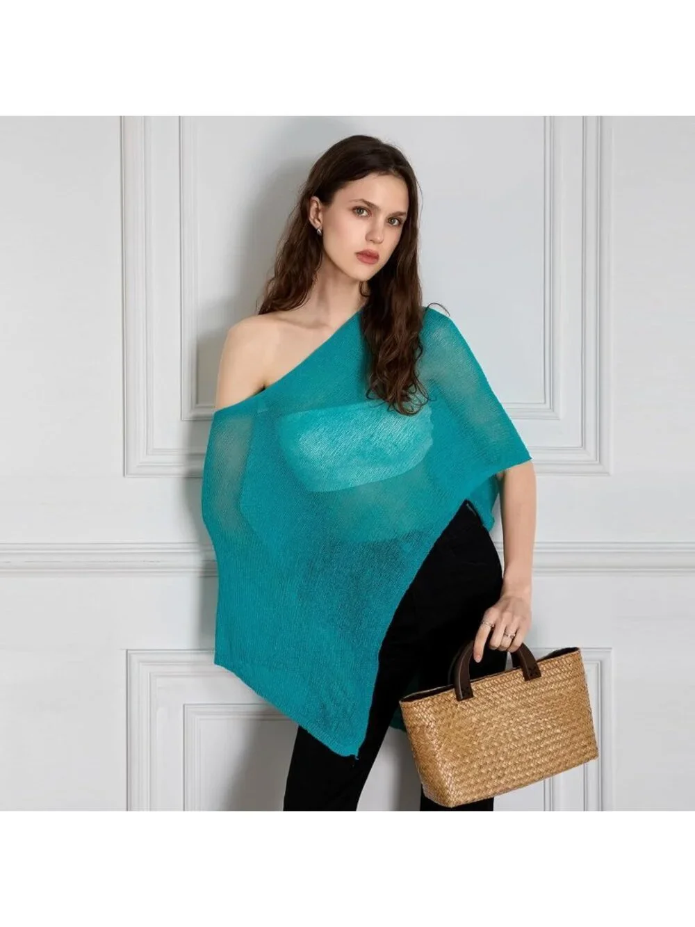 Women's Blue Sheer Poncho Top Knit Crochet Lightweight See Through Shawl